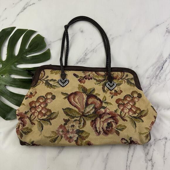 Brighton Tapestry Carpet Weekender Shoulder Bag Large Fruit Floral Leather Trim - Picture 1 of 12